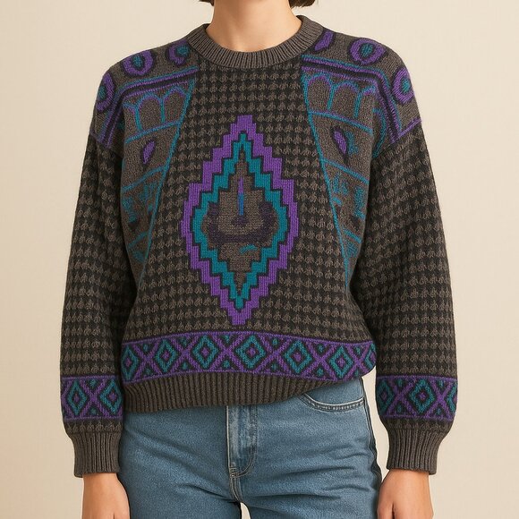 Vintage Abstract Knit Sweater Purple Blue Graphic 90s Grunge Cozy Retro Grandpa - Picture 1 of 6